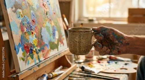Artist Holding Ceramic Coffee Mug in Art Studio Beside Painting Easel