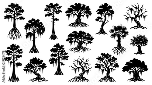 Detailed black silhouette vector illustration of various swamp tree species