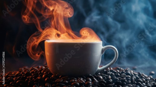 White Ceramic Cup of Coffee with Rising Steam on Roasted Beans