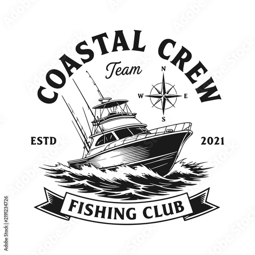 Obraz na płótnie Coastal Crew fishing club emblem featuring a sport fishing boat and compass rose