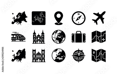 Europe Map Geography, solid glyph icon set featuring Europe map silhouette without labels, country boundary tile, location pin, compass, airplane, train, landmark building, globe, suitcase and map