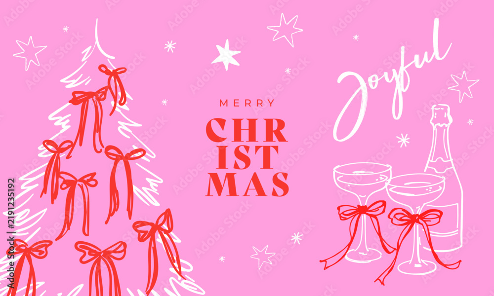 Obraz premium Playful Christmas design featuring a hand-drawn tree with red bows, champagne glasses and festive typography. Stylish holiday artwork for card, poster, invitation, social media and seasonal branding.