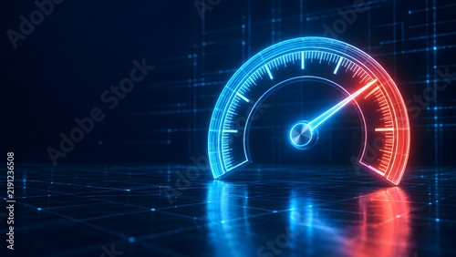 Futuristic glowing speedometer indicating high performance and rapid internet connection speed on digital grid