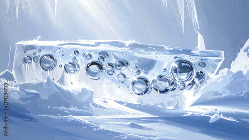 Clear ice block with trapped bubbles resting on a frozen snow surface illuminated by bright light