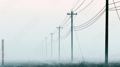 Utility Poles Vanishing Into Morning Fog