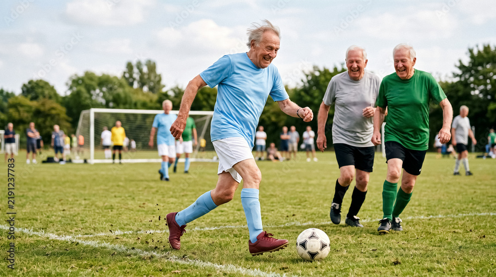 Fototapeta premium Active senior men enjoying a friendly soccer match outdoors