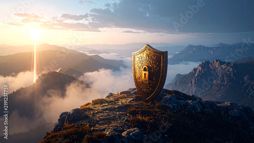 Ornate golden shield with a padlock on a rocky mountain peak above clouds at sunset