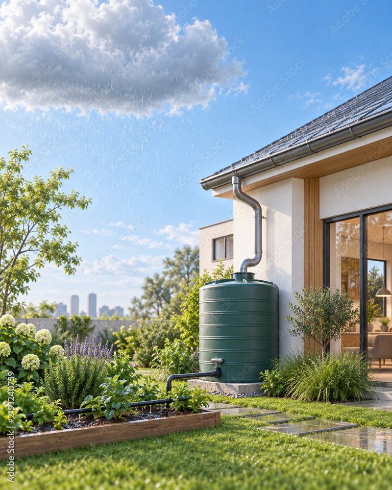 Fototapeta premium Modern Home Rainwater Harvesting System with Garden