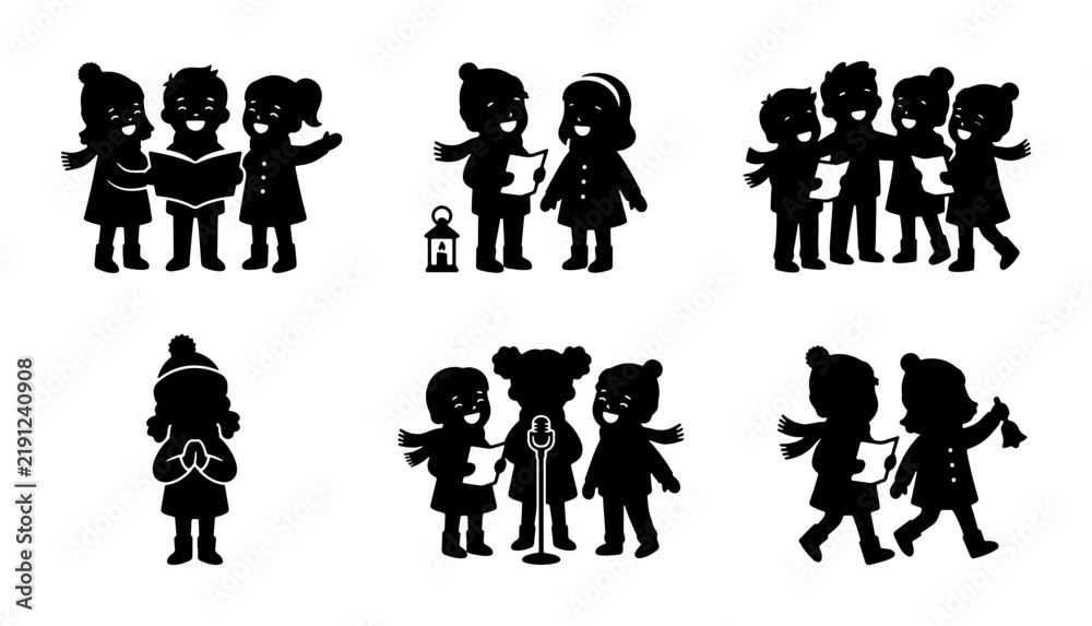 Obraz premium Black silhouettes of children singing carols, holiday graphic