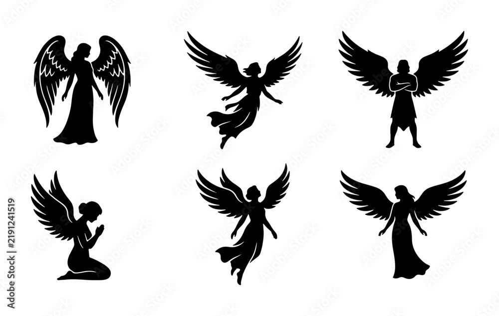 Fototapeta premium Black angel silhouettes with wings, graphic design elements for