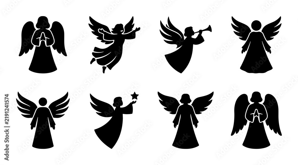 Fototapeta premium Black angel silhouettes with stars and trumpets, graphic design icons