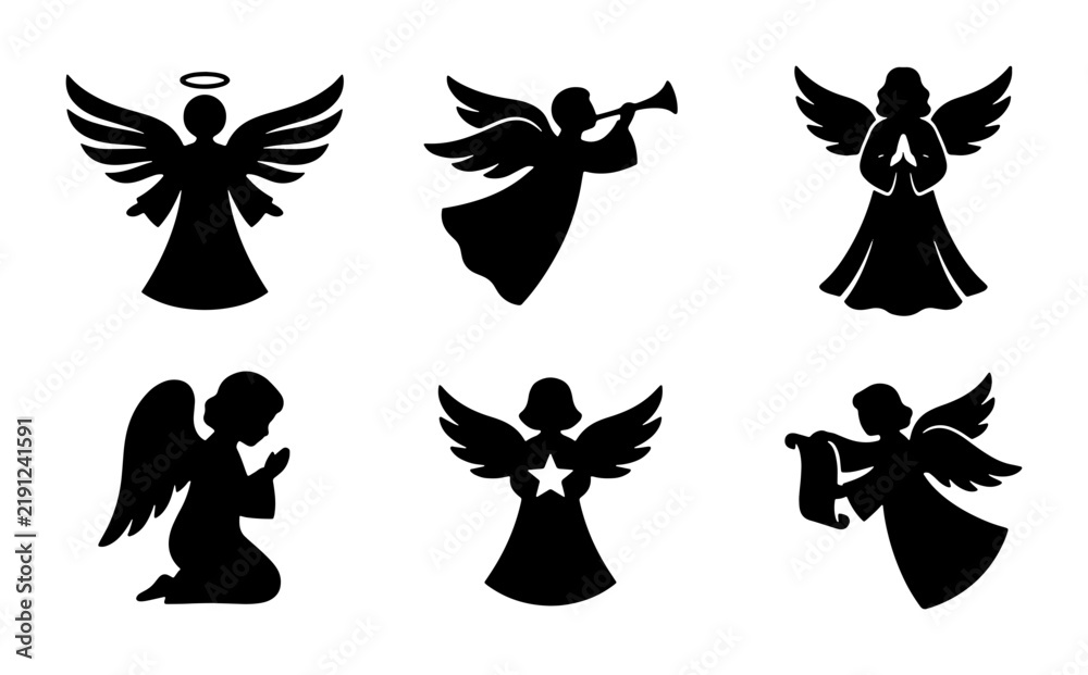 Fototapeta premium Black angel silhouettes, set of six, graphic design elements