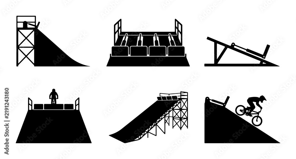 Obraz premium Black silhouette extreme sports ramps and obstacles, graphic elements