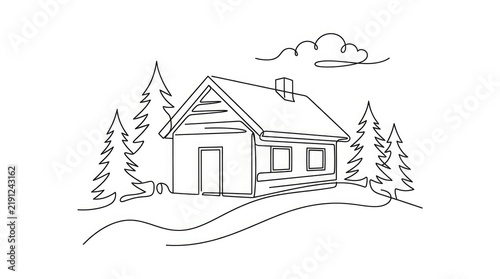 Continuous line drawing of a house in the forest