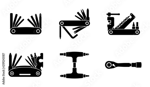 Canvas Print Black tools and implements icons, multi-tool and wrench, graphic