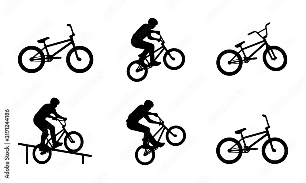 Obraz premium Black BMX rider silhouettes on white background, extreme sport action