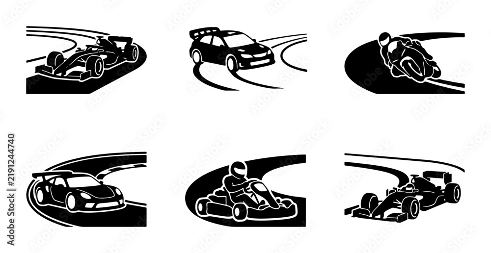 Fototapeta premium Six different racing vehicles and drivers on a track
