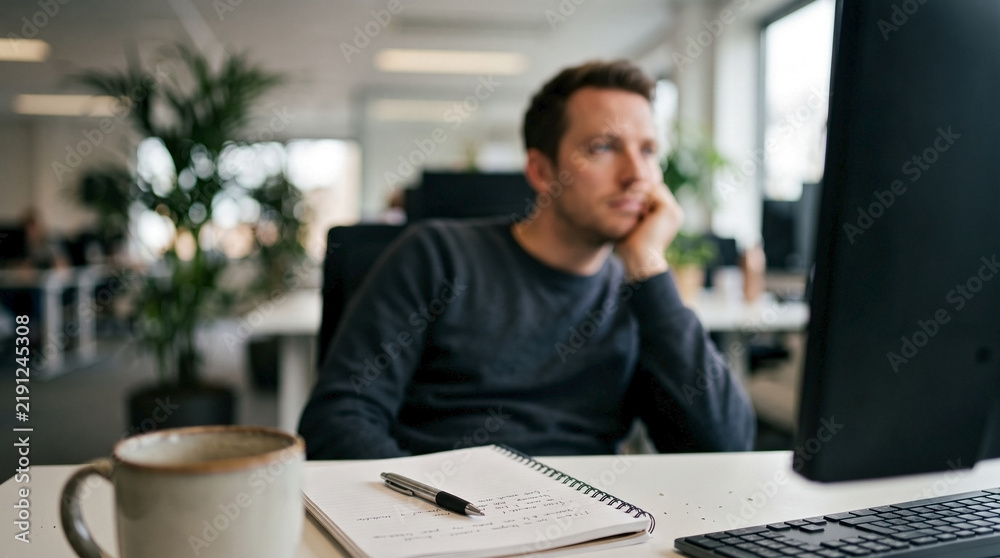 Obraz premium Man unfocused at office desk, appearing thoughtful while sitting in a bright modern workspace environment. Professional person unfocused at office desk with computer, notebook, and coffee mug.
