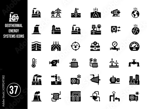 Geothermal Energy Systems Icon Collection with Heat Pumps, Underground Energy, Power Generation and Renewable Technology