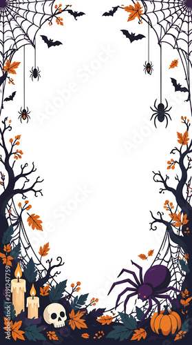 Spooky Halloween frame with spiders bats and autumn leaves.