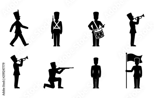 Obraz na płótnie Black soldier silhouettes set, marching band, historical figures