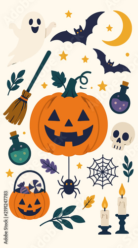 Halloween themed collection of spooky and festive elements.