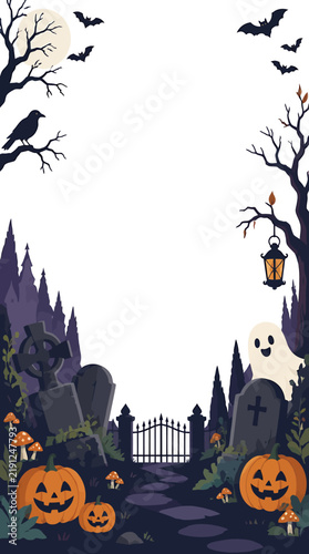 Spooky Halloween graveyard scene with pumpkins and ghosts.