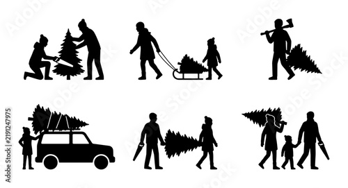 Black family silhouettes gathering Christmas trees, holiday