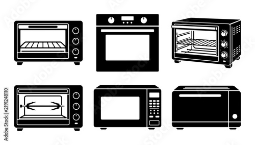 Black kitchen appliance icons, toaster oven, microwave, and oven