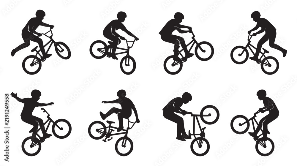 Obraz premium BMX Bicycle Athlete Cartoon Vector Illustration Set Featuring Full Body Freestyle Jumping and Stunt Poses