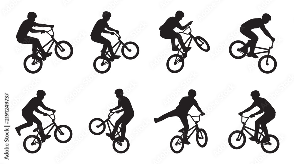 Obraz premium BMX Freestyle Athlete Cartoon Silhouette Vector Set with Eight Random Bicycle Tricks and Extreme Sports Poses