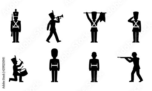 Картината върху платно Black soldier silhouettes set, marching band and military figures