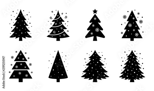 Black Christmas trees with snowflakes and stars, silhouette icons