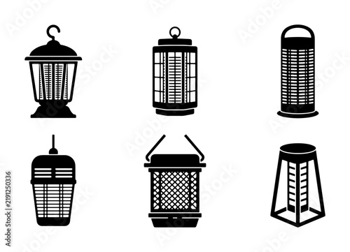 Black bug zapper icons and symbols, graphic design, pest control