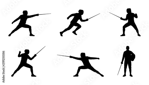 Black silhouette fencers in action poses, sport graphic design