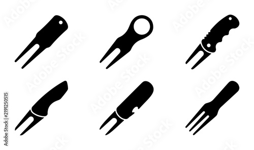 Black silhouette golf divot repair tools and accessories, clean design