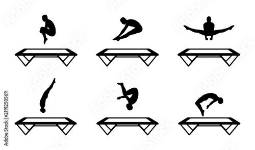 Black silhouette trampoline jumping poses, graphic design elements