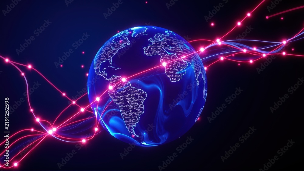 Fototapeta premium Glowing Earth illustration depicts global network connections. Bright lines radiate across continents, symbolizing data flow. Futuristic, digital aesthetic.
