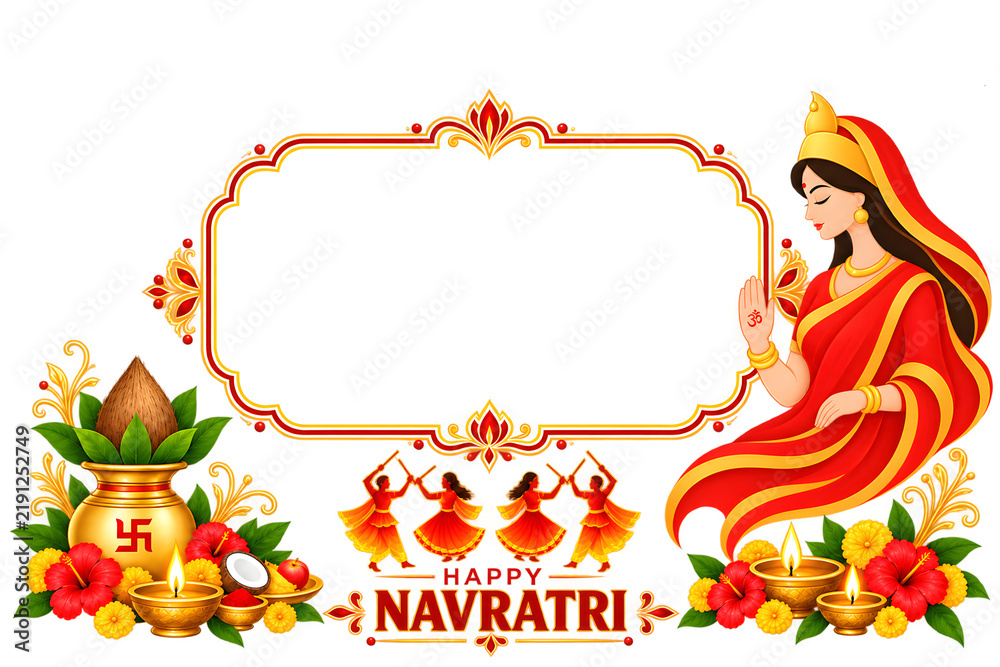 Fototapeta premium navratri, fest, kalash, durga, puja, carnival, background, traditional, dandiya, vintage, greeting, card, invite, template, border,