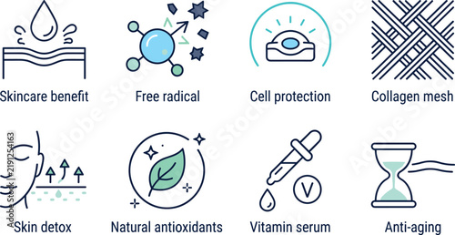 Skincare Benefits Icons Set, Featuring Cell Protection, Collagen Mesh