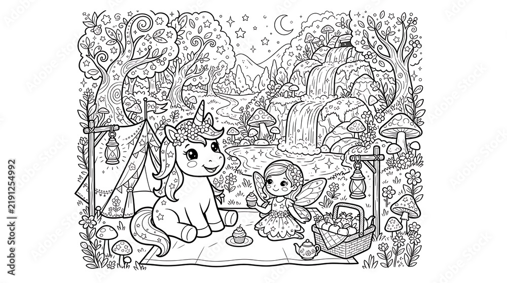 Fototapeta premium Cute unicorn and fairy having a picnic by a waterfall in a magical forest with a tent, lanterns, cupcakes, and a basket of fresh fruit