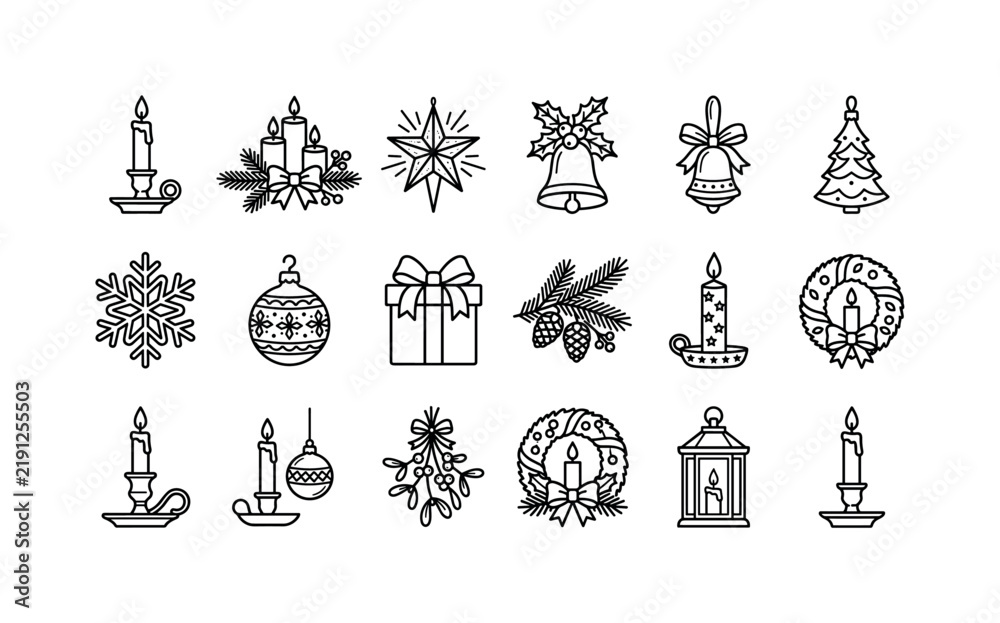 Fototapeta premium Retro Christmas Candles, line icon set featuring candle, candle holder, pine branch, ornament, bell, snowflake, star, gift box, covering retro Christmas greeting cards, warm holiday symbols, festive