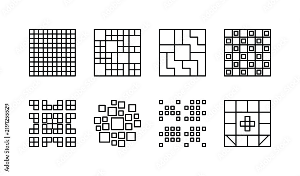 Fototapeta premium Pixel Mosaic Geometry, line icon set featuring pixel square, mosaic grid, geometric tile, checker block, modular pattern, square cluster, digital matrix, interface tile, covering modern abstract