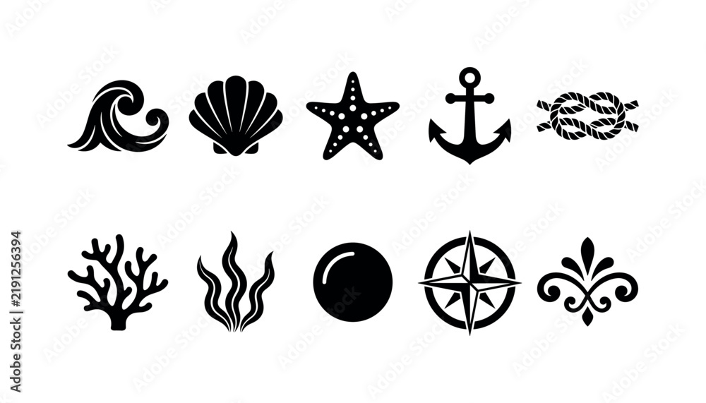 Fototapeta premium Sea Ornament Elements, solid glyph icon set featuring wave curl, shell, starfish, anchor, rope knot, coral, seaweed, pearl, compass rose and decorative flourish, covering linear sea design source,