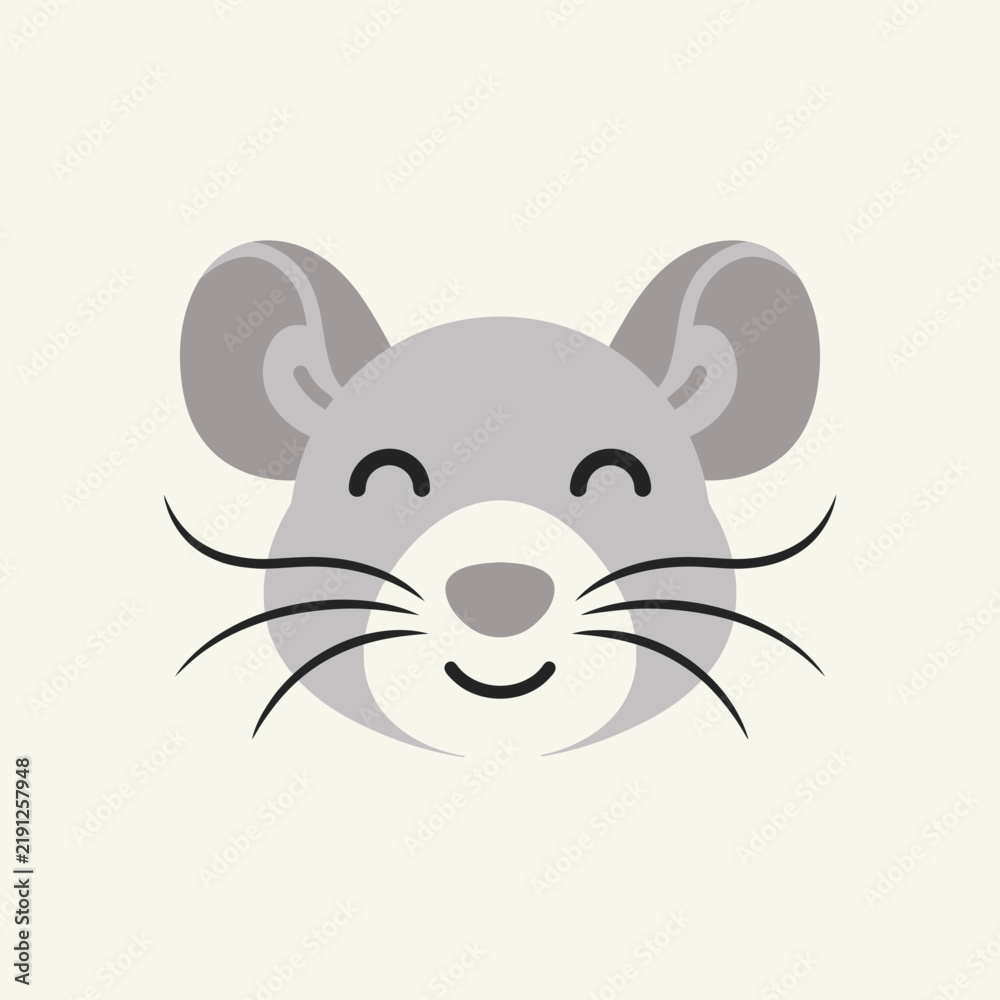 Fototapeta premium Smiling cartoon animal with curved horns facing forward in minimalist style with simple gray shading