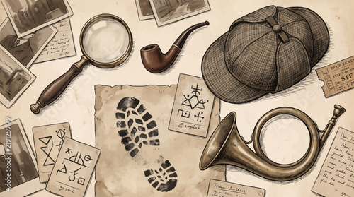 A vintage collection of detective tools including a magnifying glass, deerstalker hat, pipe, and a footprint clue, surrounded by old documents and photographs.