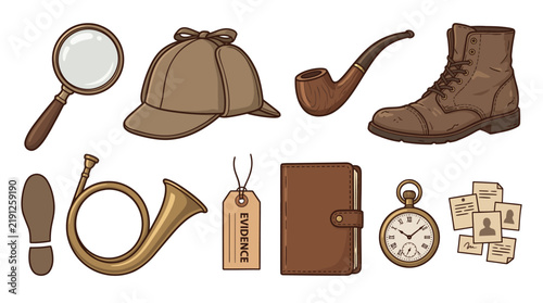 An illustrated collection of classic detective tools, including a deerstalker hat, magnifying glass, pipe, and various investigation accessories.