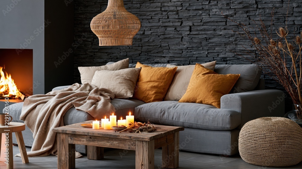 Obraz premium The Sofa in a Cozy Living Room with Fireplace, Candles, and Warm Lighting