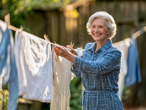 Smiling Woman Hanging Laundry in Sunlit Garden