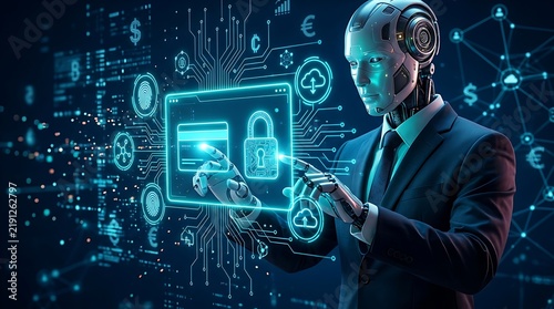 AI robot in business suit managing secure digital transactions, artificial intelligence cybersecurity and fintech concept